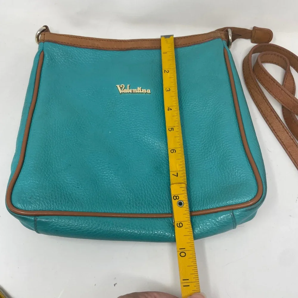 Valentina Italy Teal Blue Pebbled Leather Crossbody Bag Brown Trim Messenger